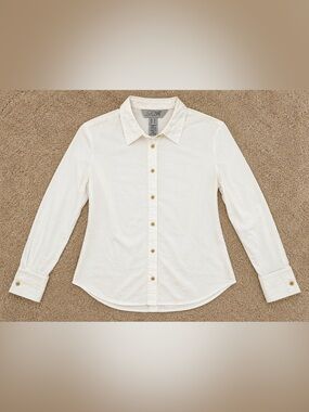 Lisa White Button Down Blouse Size 10 Gold Floral Buttons Stretch Cotton